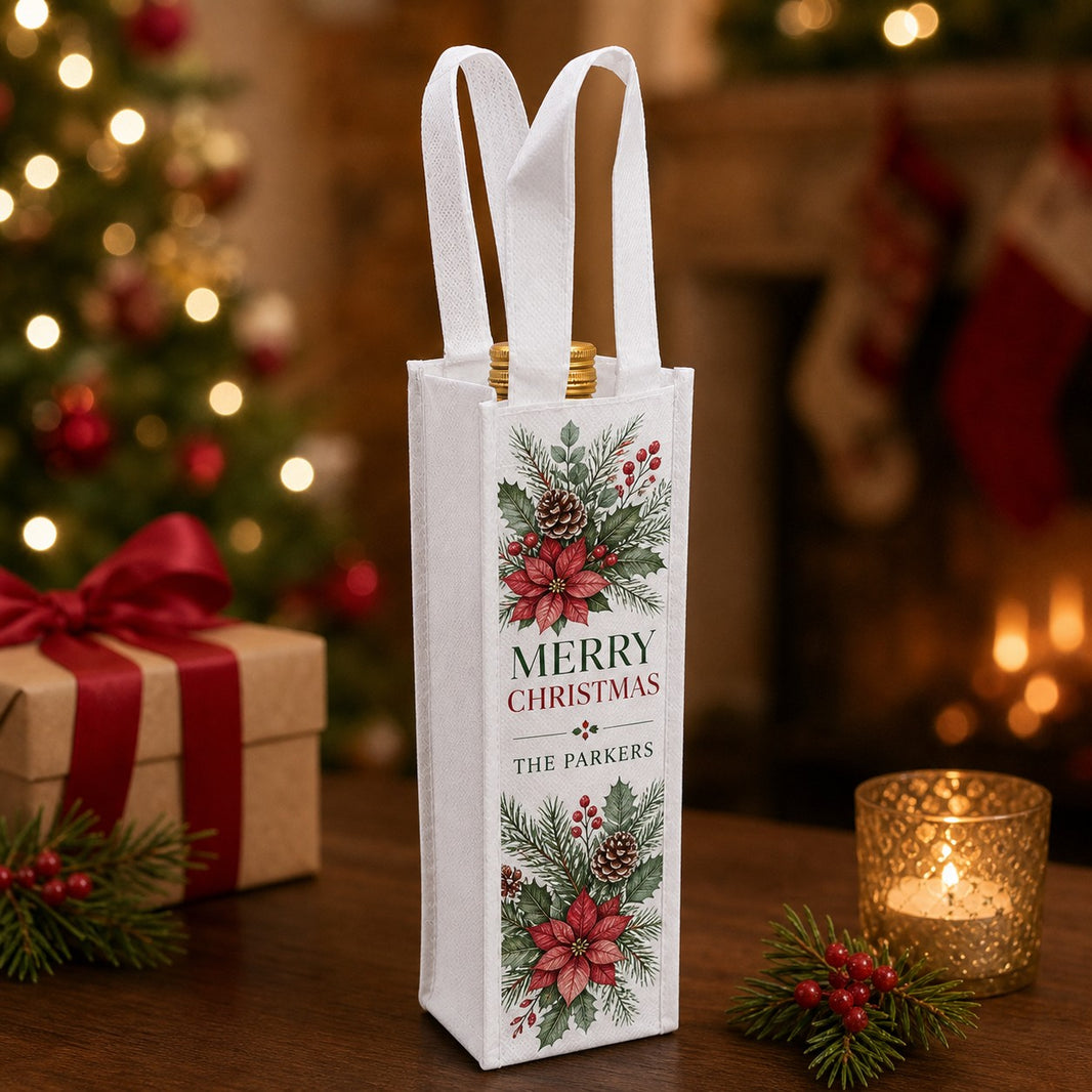 Christmas mini wine bottle bag personalised The Parkers with poinsettia design by the Christmas tree