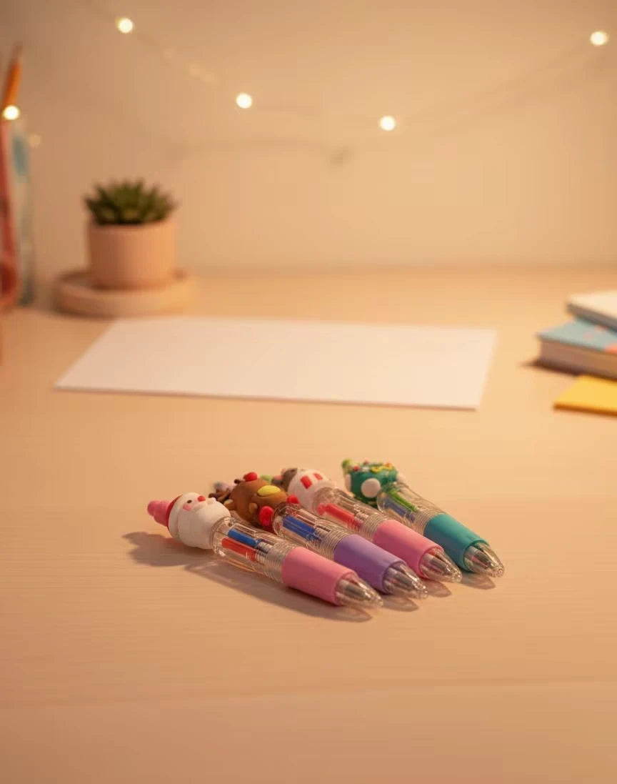 Close up detail of Multi Color 4 in 1 Mini Ballpoint Pens on Christmas Pen Set of 5