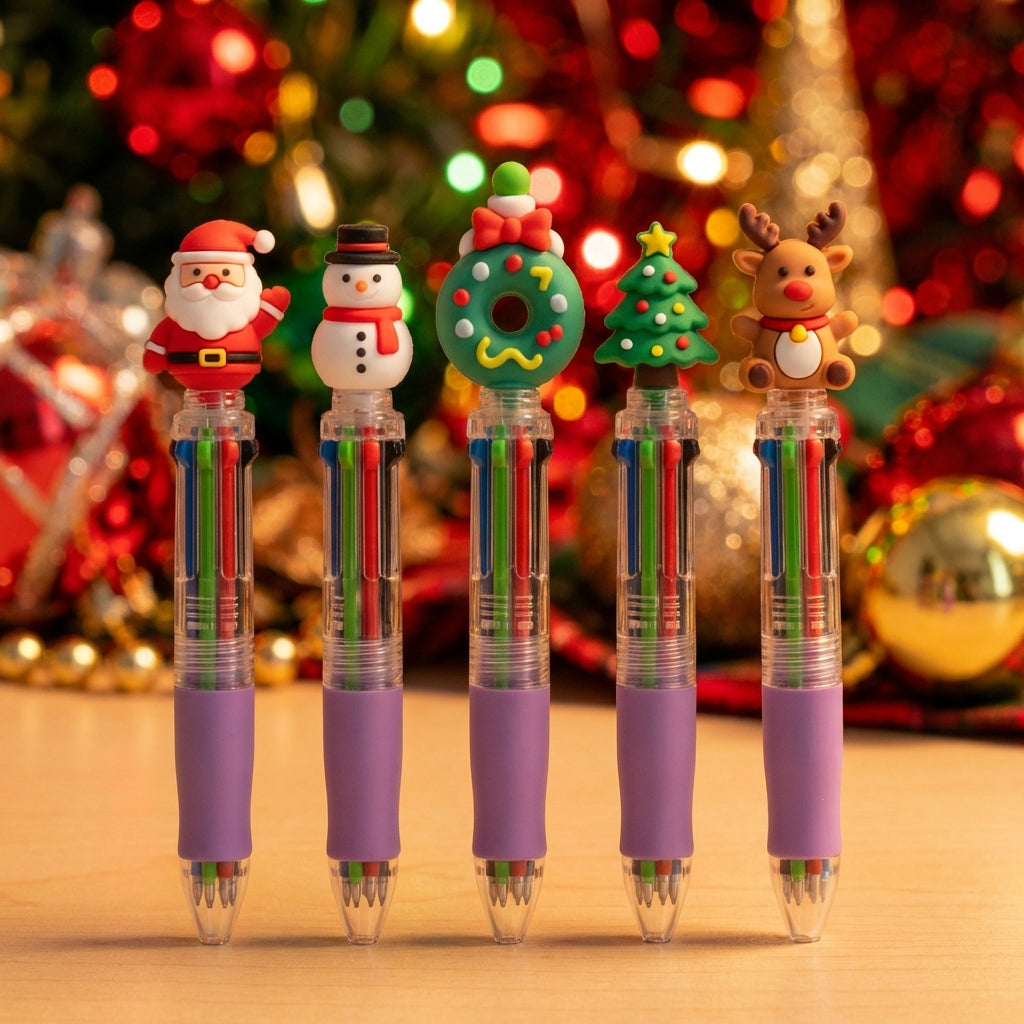Main view of Christmas Pen Set of 5 featuring Multi Color 4 in 1 Mini Ballpoint Pens