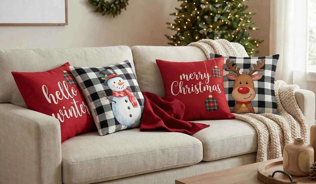 Buffalo Plaid Christmas Cushion Covers Set of 4 | Snowman & Reindeer 18x18 Farmhouse Decor