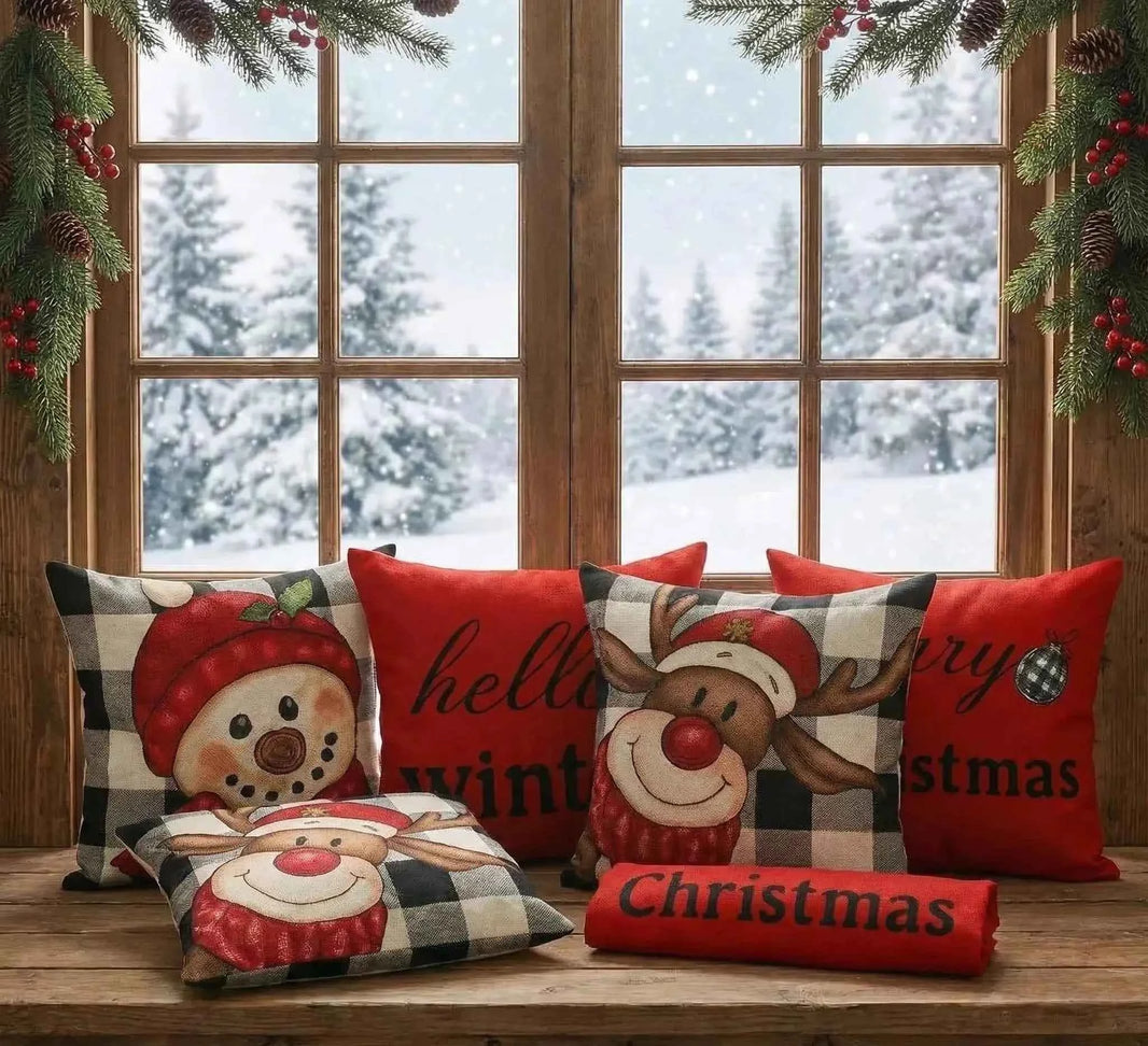Buffalo Plaid Christmas Cushion Covers Set of 4 | Snowman & Reindeer 18x18 Farmhouse Decor