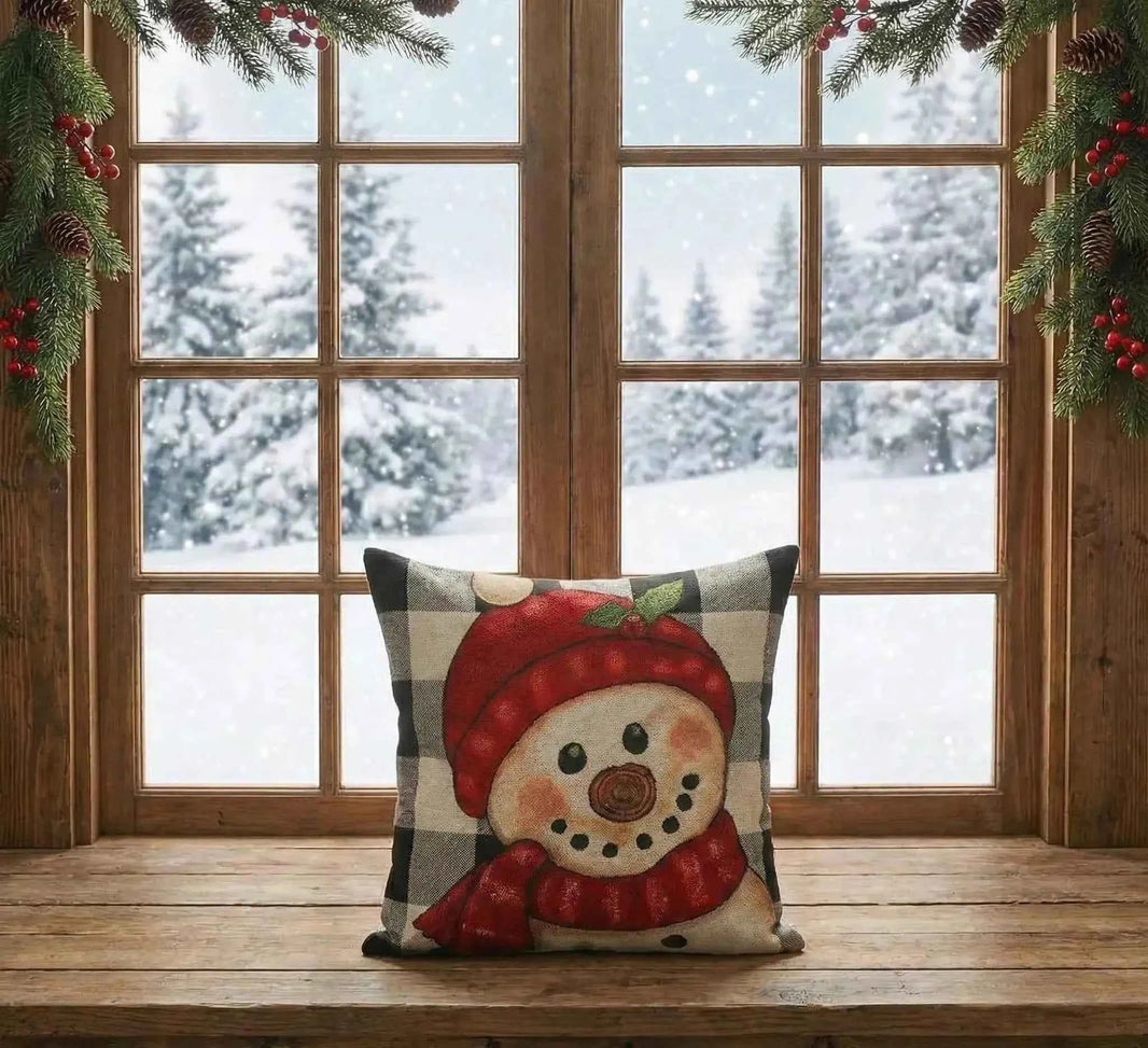 Buffalo Plaid Christmas Cushion Covers Set of 4 | Snowman & Reindeer 18x18 Farmhouse Decor