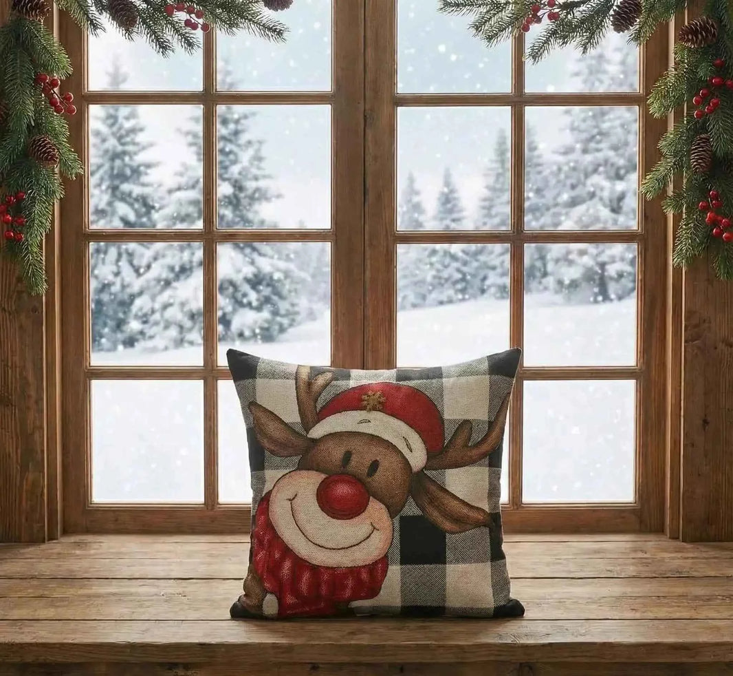 Buffalo Plaid Christmas Cushion Covers Set of 4 | Snowman & Reindeer 18x18 Farmhouse Decor