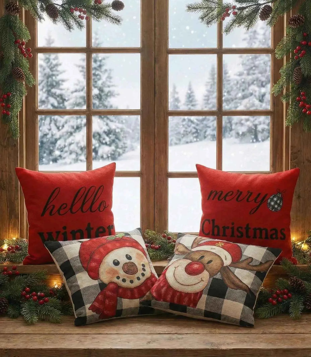 Buffalo Plaid Christmas Cushion Covers Set of 4 | Snowman & Reindeer 18x18 Farmhouse Decor