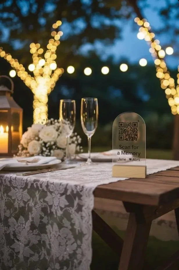 Custom Arched Acrylic QR Code Sign with Wood Base in use