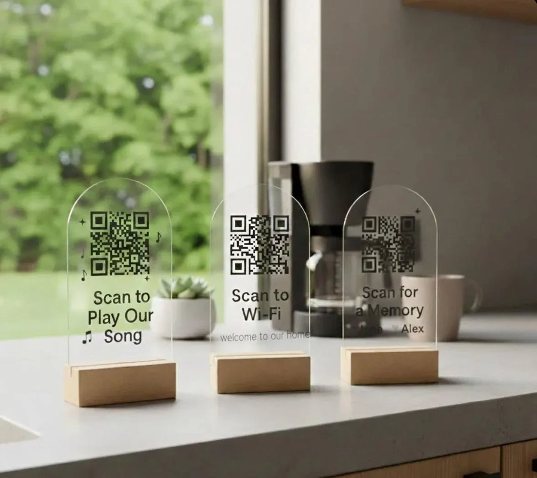 Customer favorite Custom Arched Acrylic QR Code Sign featuring Wood Base