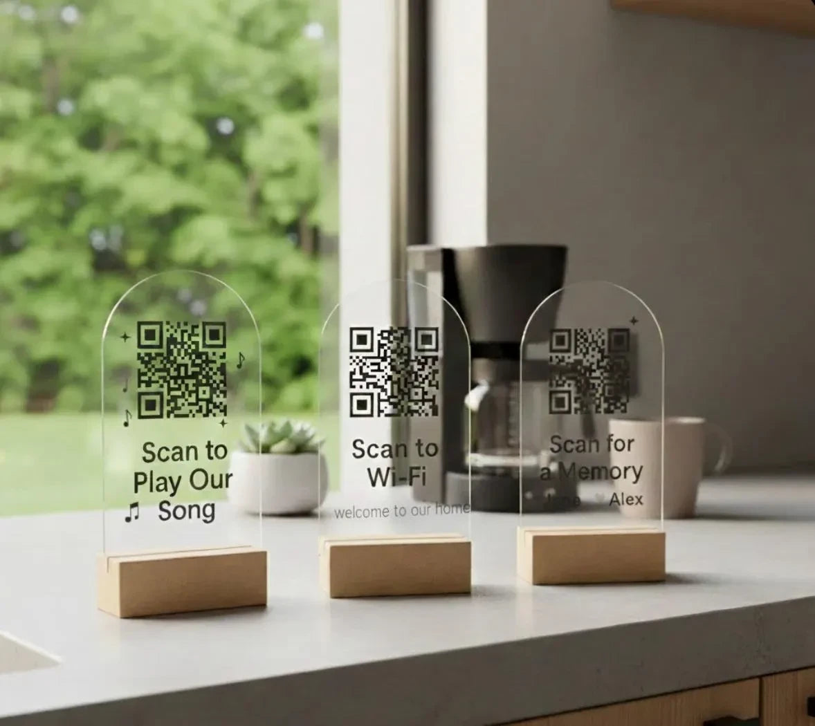 Customer favorite Custom Arched Acrylic QR Code Sign featuring Wood Base