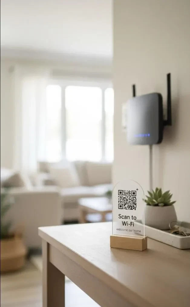 Zoomed in view of Custom Arched Acrylic QR Code Sign