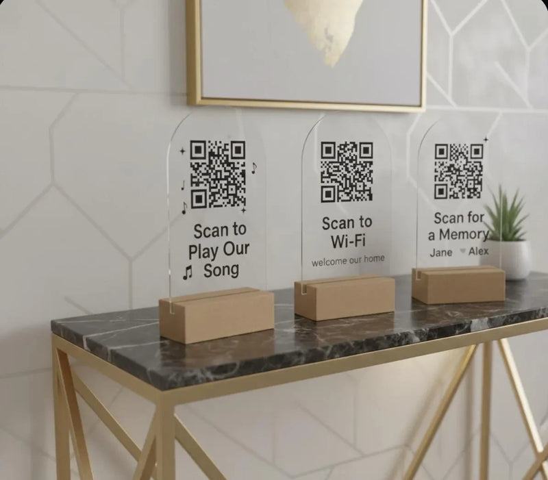 Close up detail of Wood Base on Custom Arched Acrylic QR Code Sign