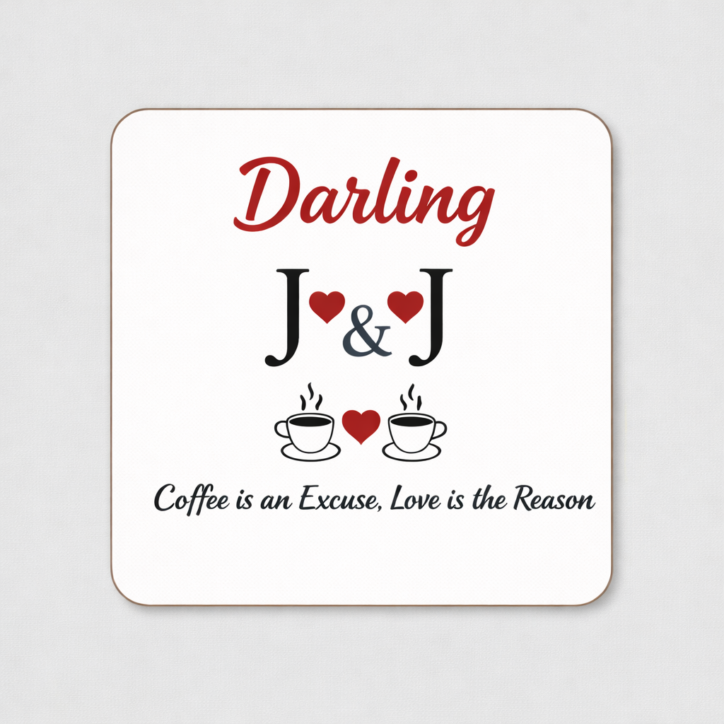 Custom coffee coaster with Darling J and J initials and romantic quote Coffee is an Excuse Love is the Reason