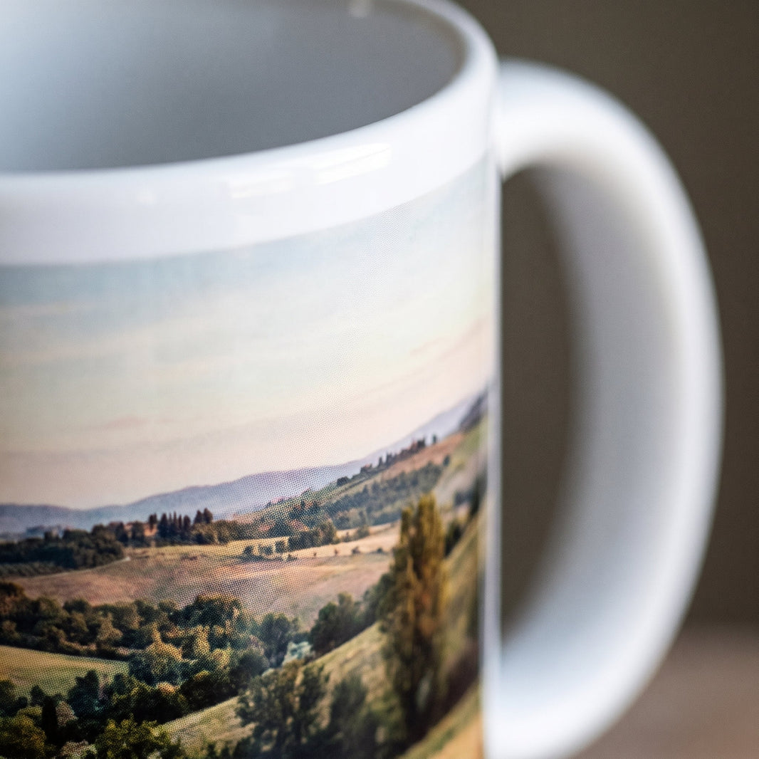 Close view of an 11oz mug printed edge to edge, showing sublimation print quality