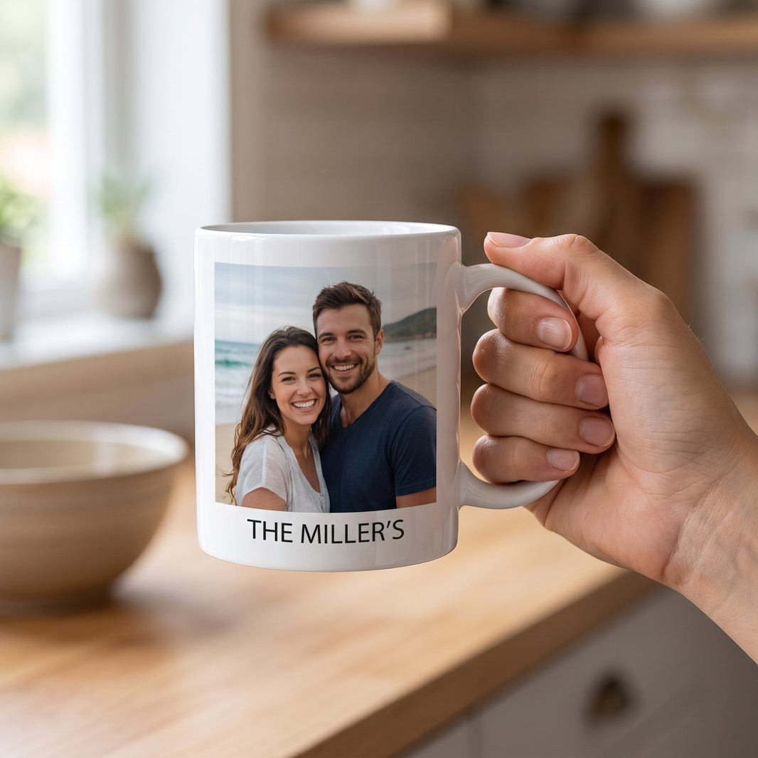 Custom mug held in hand, showing its everyday 11oz size
