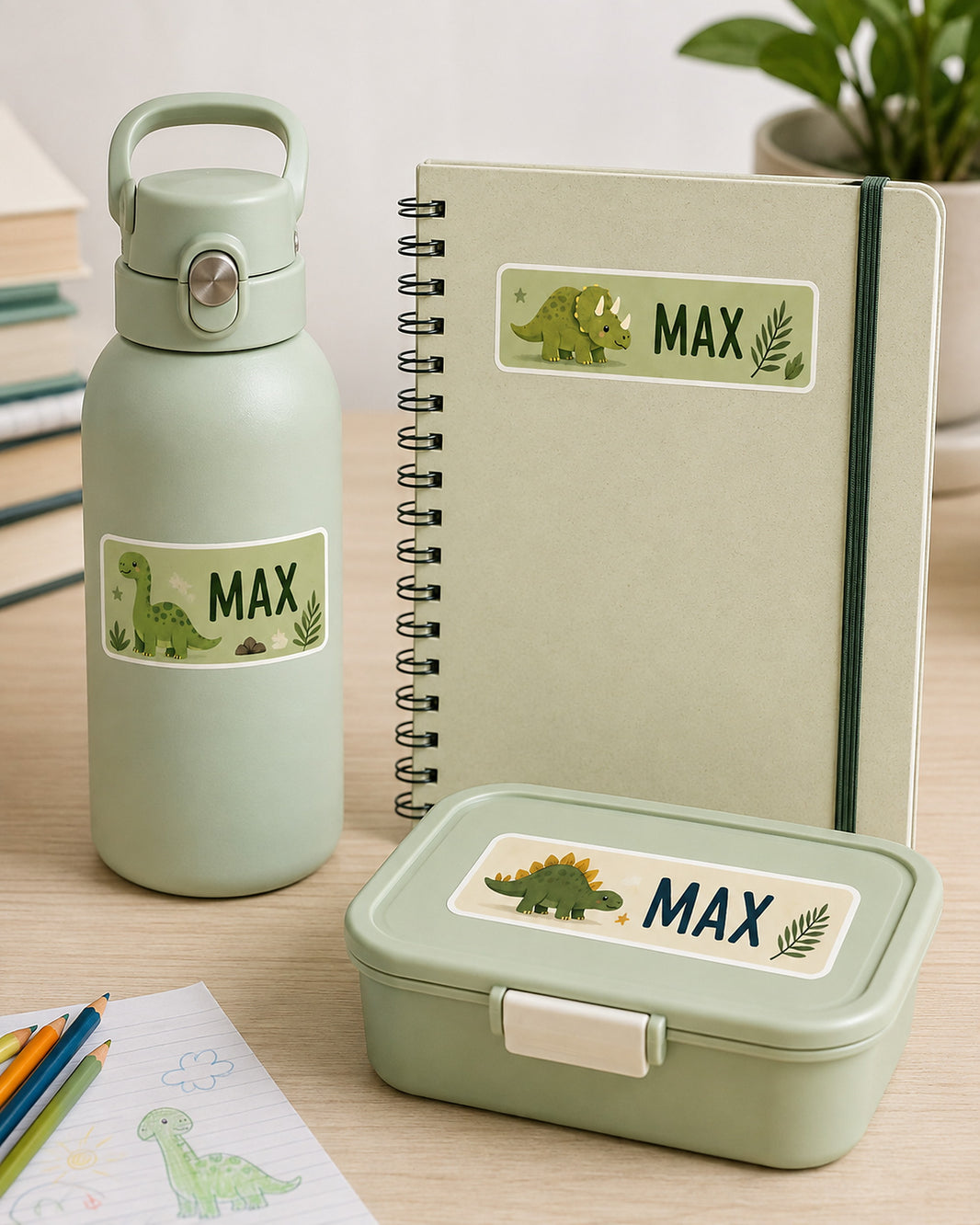Dino Adventure name labels applied to a green water bottle, notebook and lunch box