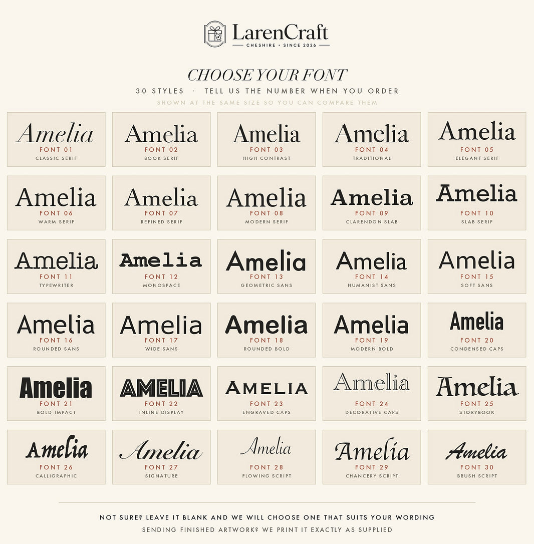 Thirty font styles to choose from for the text on your personalised t-shirt