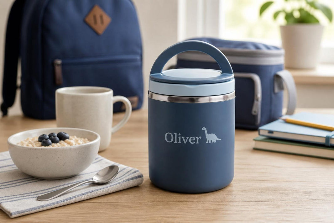 Navy personalised food jar printed Oliver with a dinosaur, beside a school backpack and lunch bag