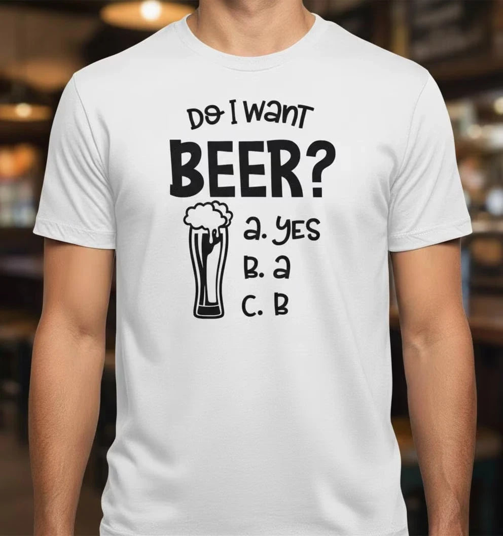 White t-shirt with a humorous beer-themed question design.