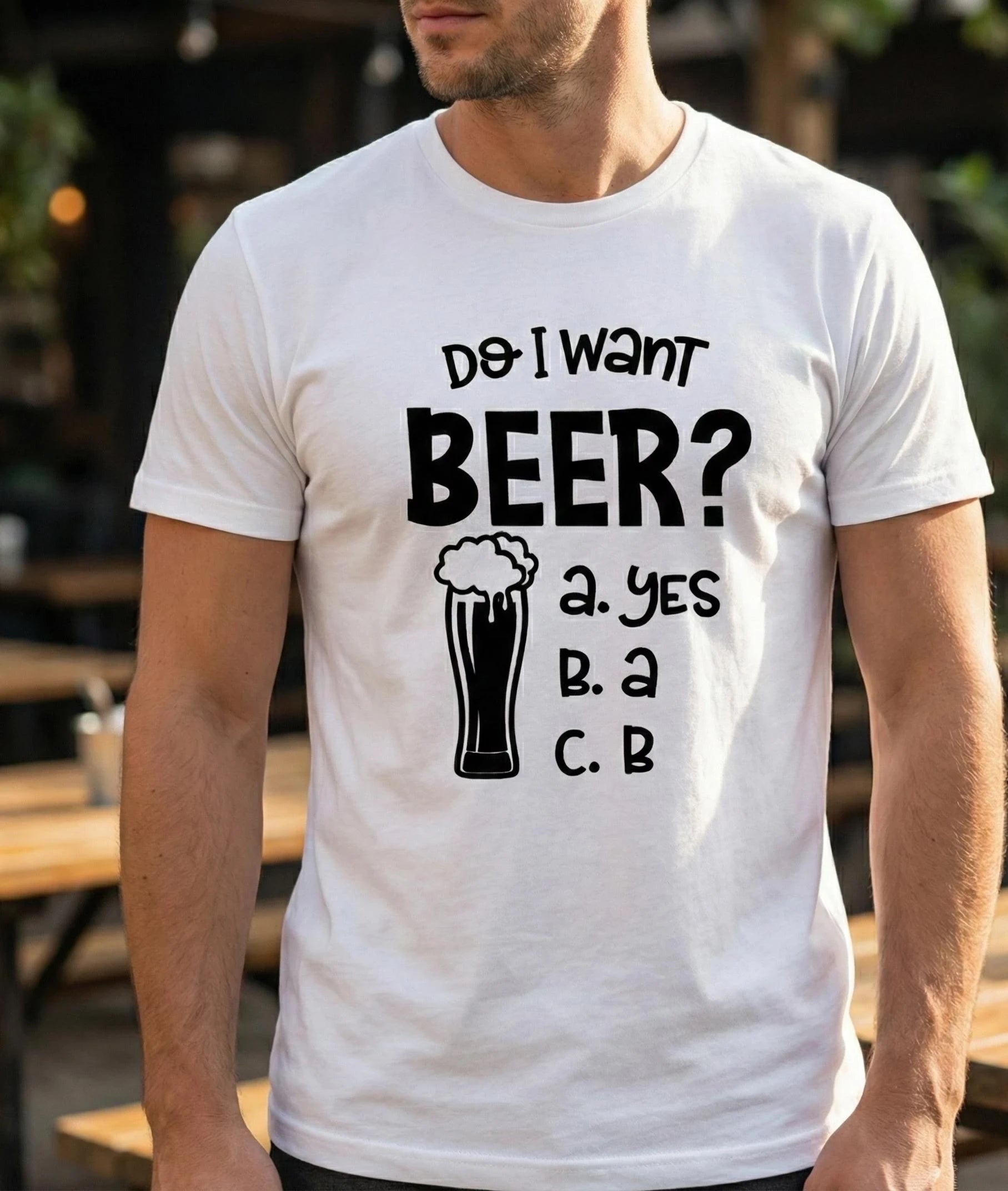 Person wearing a white t-shirt with a humorous beer-themed question design.