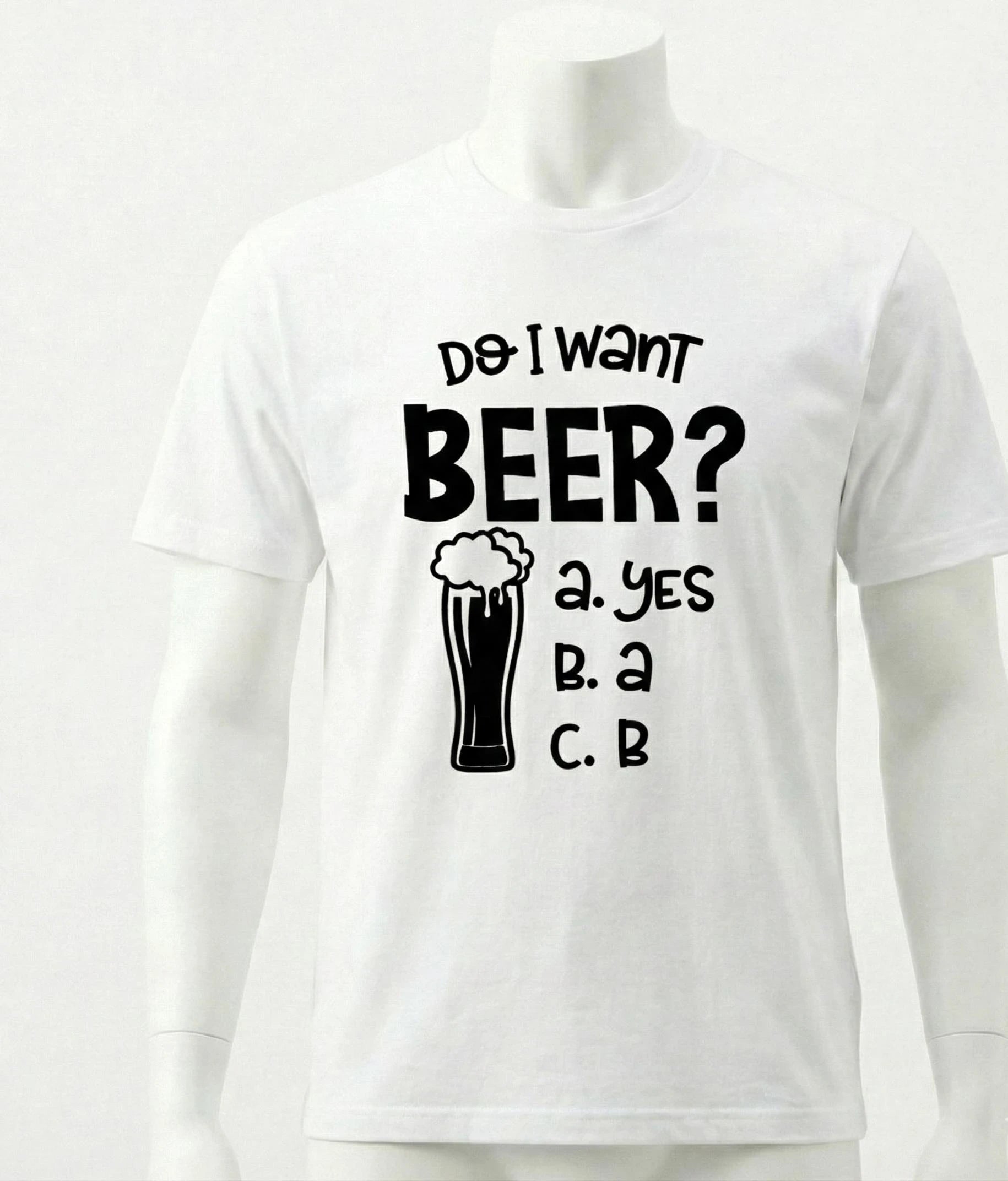 White t-shirt with black text and beer graphic on a white background