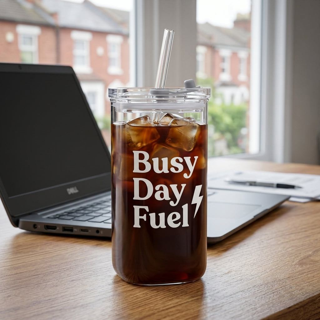 Personalised Square Iced Coffee Glass | 13oz Borosilicate Tumbler with Lid & Straw - Laren Craft