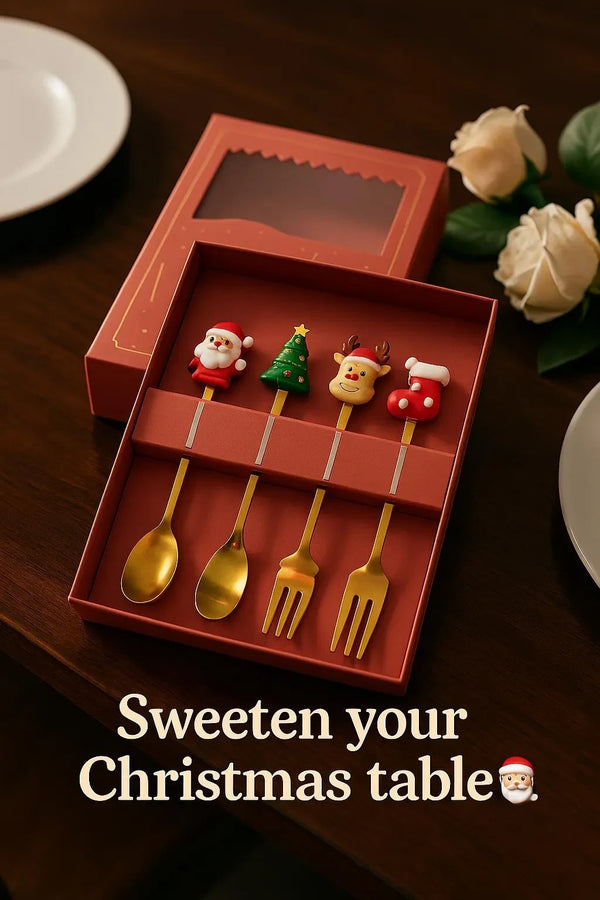 Main view of Gold Christmas Spoons & Forks Set Cutlery featuring Coffee Spoon   Santa  Reindeer Cutlery