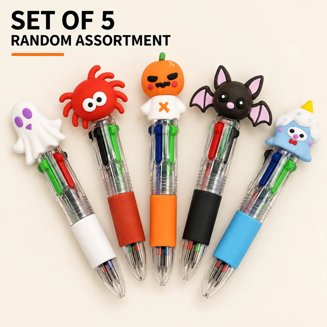 Set of 5 random assortment information image showing Halloween multi-colour pens with ghost, spider, pumpkin, bat and monster toppers