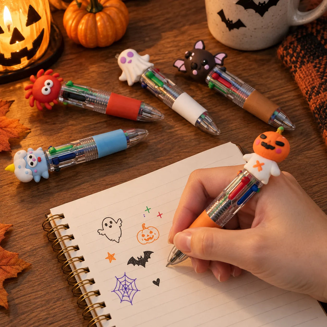 Halloween four-colour ballpoint pen writing ghost, pumpkin, bat and spider web doodles in a notebook in black, orange and purple ink
