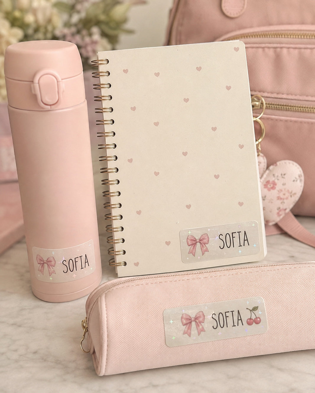 Holographic pink bow name labels on a flask, notebook and pencil case