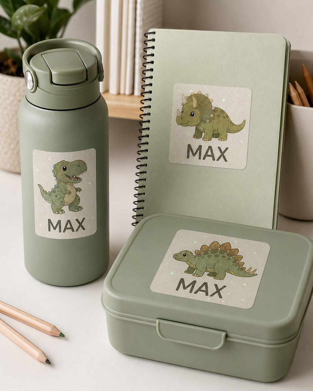 Holographic dinosaur name labels on a green water bottle, notebook and lunch box