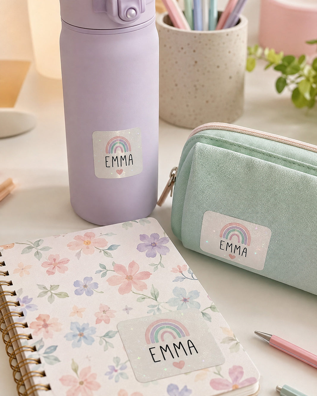 Holographic pastel rainbow name labels on a water bottle, pencil case and notebook