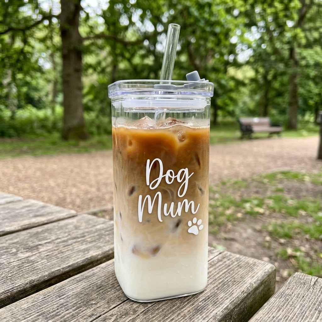 Clear tumbler with 'Dog Mum' text and ice cream on a wooden surface outdoors