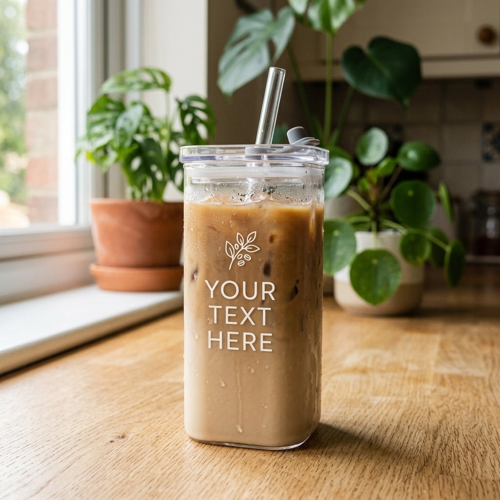 Clear iced coffee cup with straw on a wooden surface, plants in the background