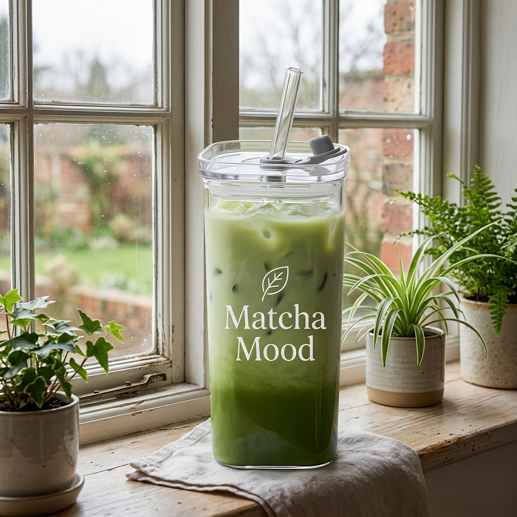 Green iced matcha drink in a clear cup with a straw, placed on a wooden surface with plants and a window in the background.