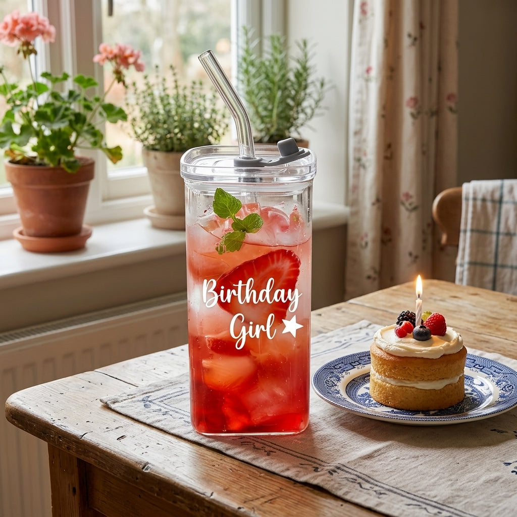 Clear tumbler with red drink and 'Birthday Girl' text on a wooden table with a small cake.