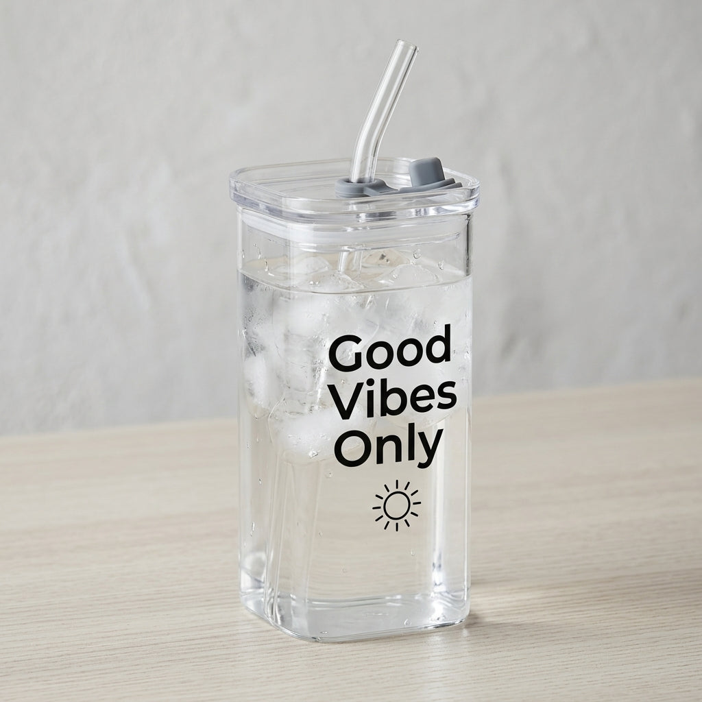 Clear tumbler with 'Good Vibes Only' text and a straw on a light surface.