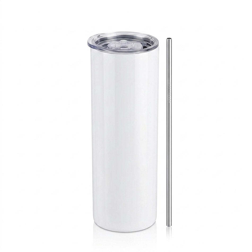 Blank white 20oz skinny stainless steel tumbler with clear flip lid and reusable steel straw