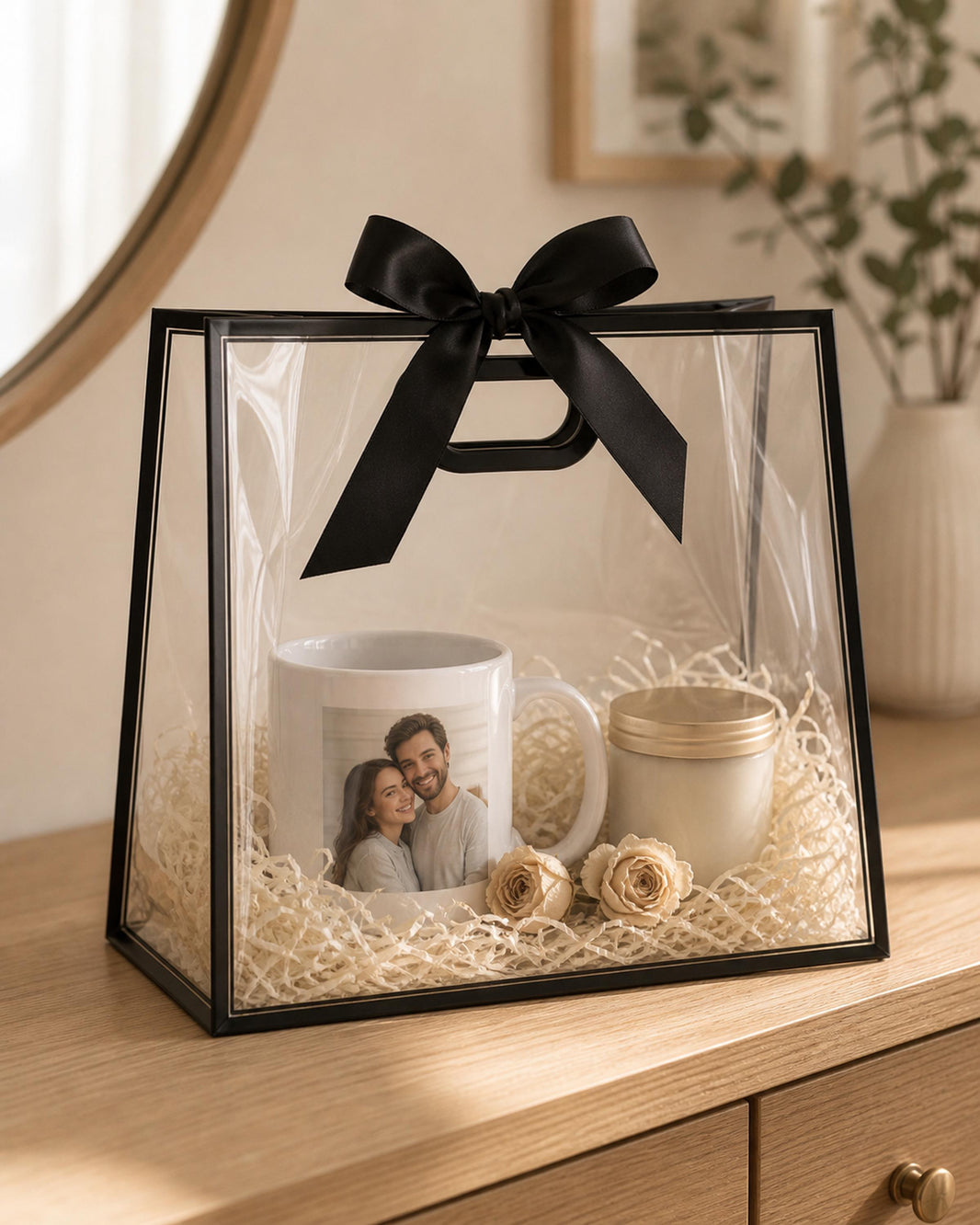 Clear gift bag with black satin ribbon holding a personalised photo mug, candle and shredded paper filling as a gift set