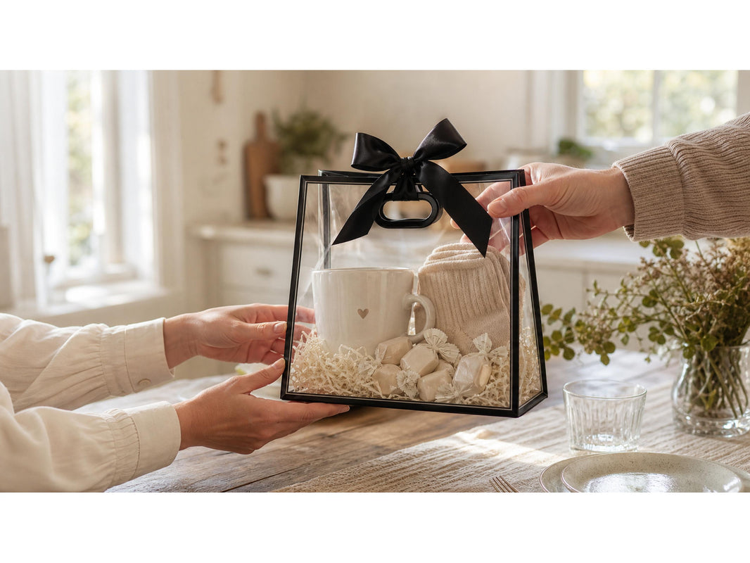 Clear presentation gift bag with black ribbon being handed from one person to another across a kitchen table