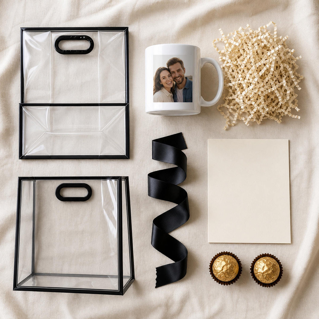 Flat lay of the clear gift bag stored flat beside its black satin ribbon, a photo mug, shredded paper filling and a gift card