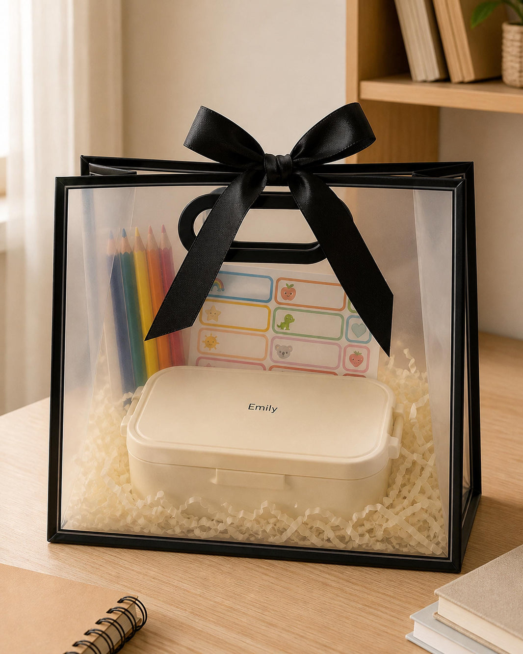 Back to school gift bag filled with a personalised lunch box named Emily, colouring pencils and a sheet of name labels