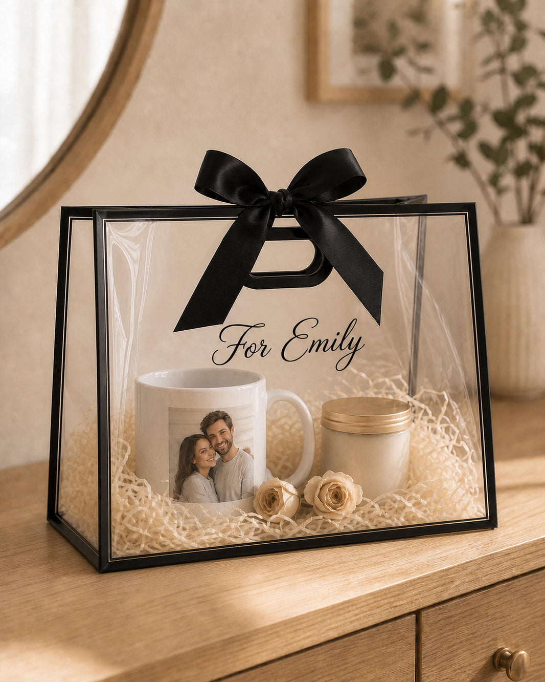 Personalised clear presentation gift bag with black satin ribbon and the name Emily in black vinyl, holding a photo mug and candle