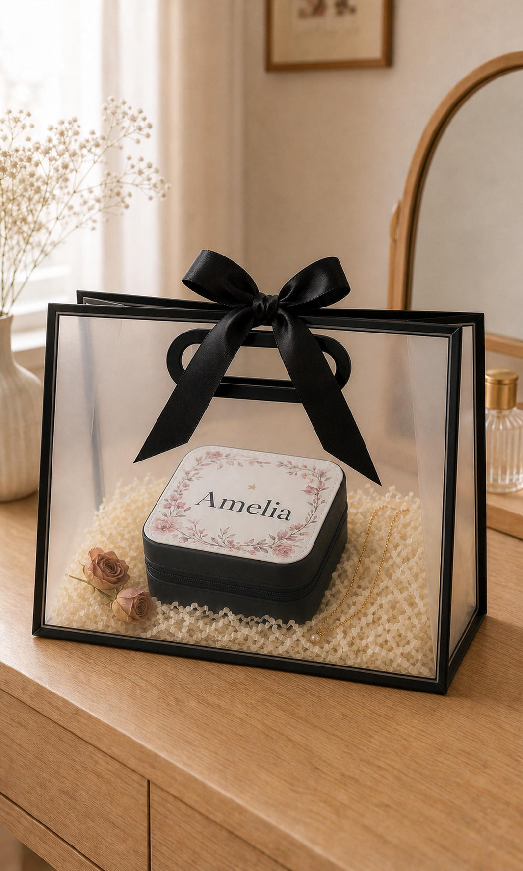 Clear presentation gift bag with black ribbon containing a personalised travel jewellery box printed with the name Amelia
