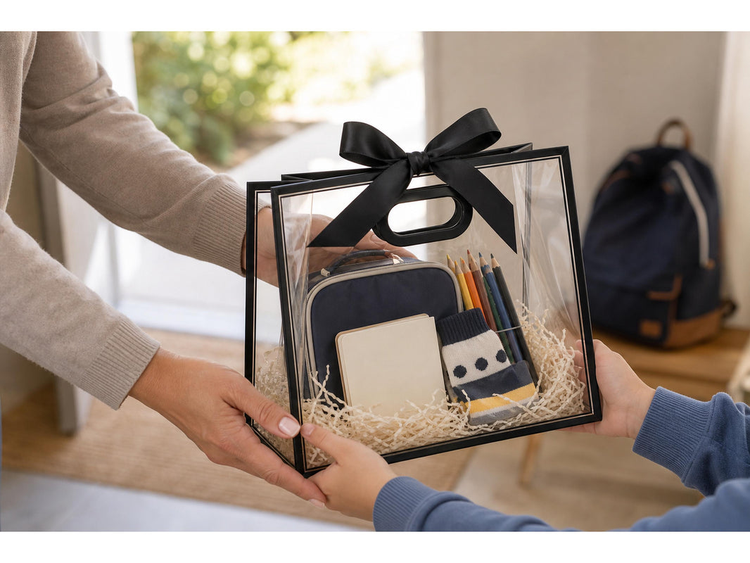 Parent handing a child a clear presentation gift bag with black ribbon holding a pencil case, pencils and socks for the first day of school
