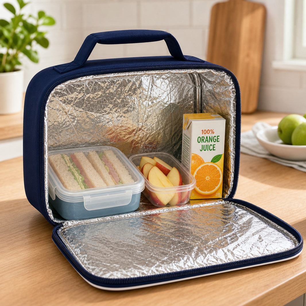 Open insulated lunch bag showing foil lining with sandwich box, fruit pot and juice carton inside