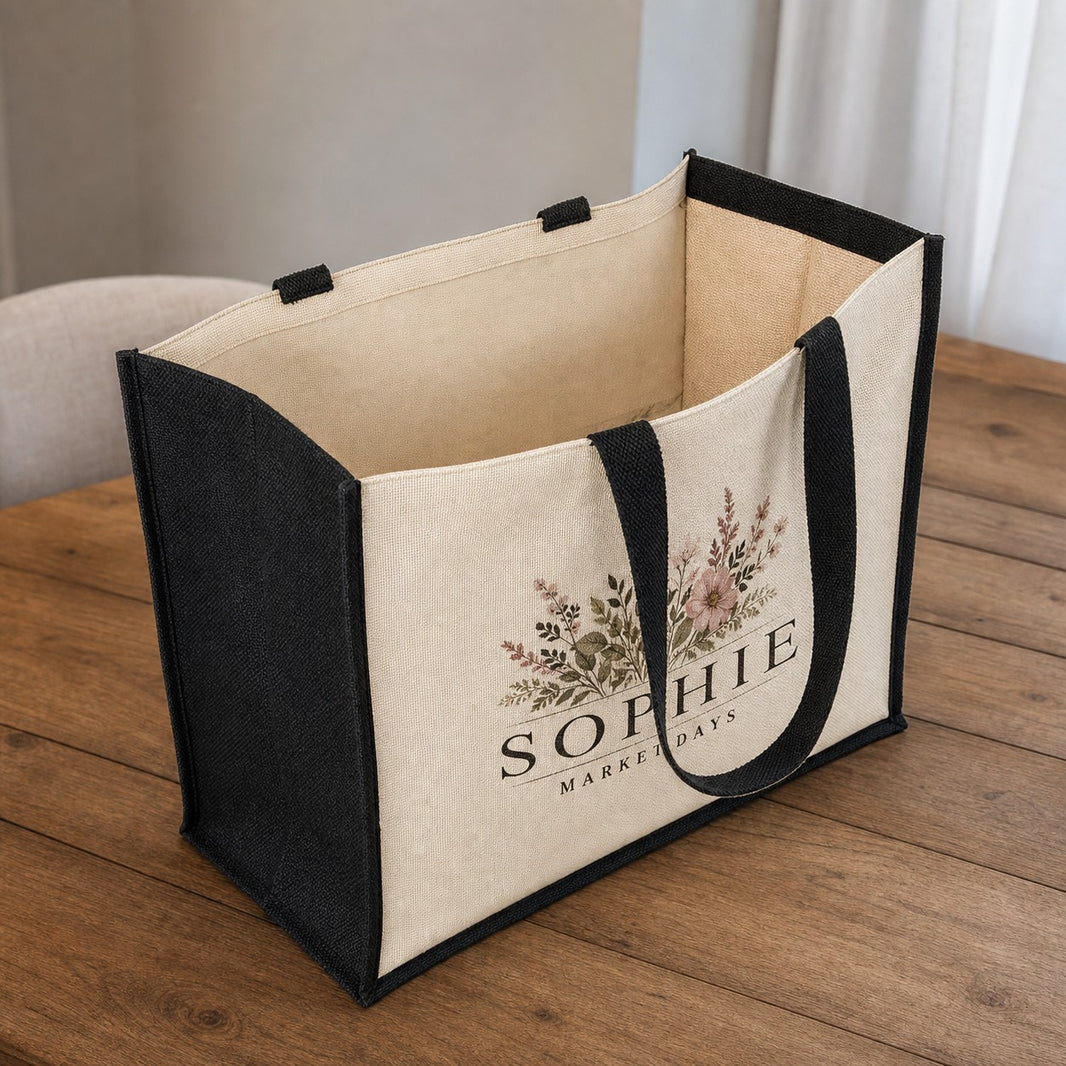 Jute market bag open, showing the roomy interior and wide flat base