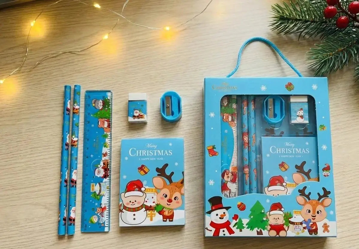 Close up detail of Custom Design on Kids Christmas Stationery Set Stocking Stuffer School Gift Box