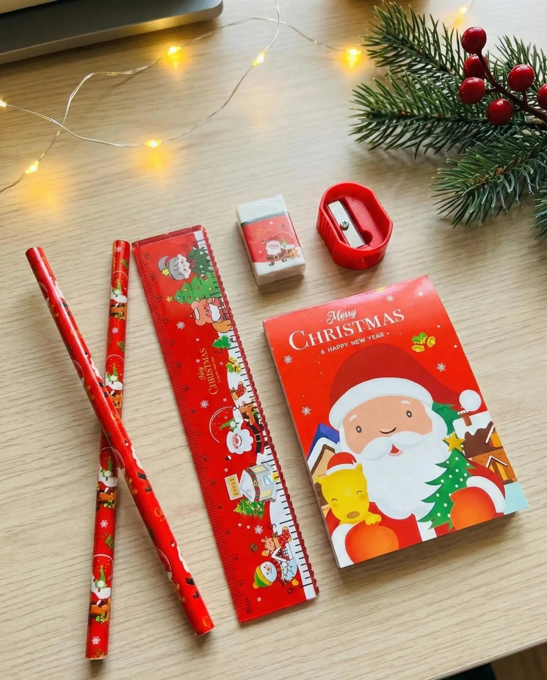 Zoomed in view of Kids Christmas Stationery Set Stocking Stuffer School Gift Box