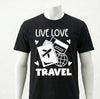 Black t-shirt with 'Live Love Travel' design on a mannequin against a white background