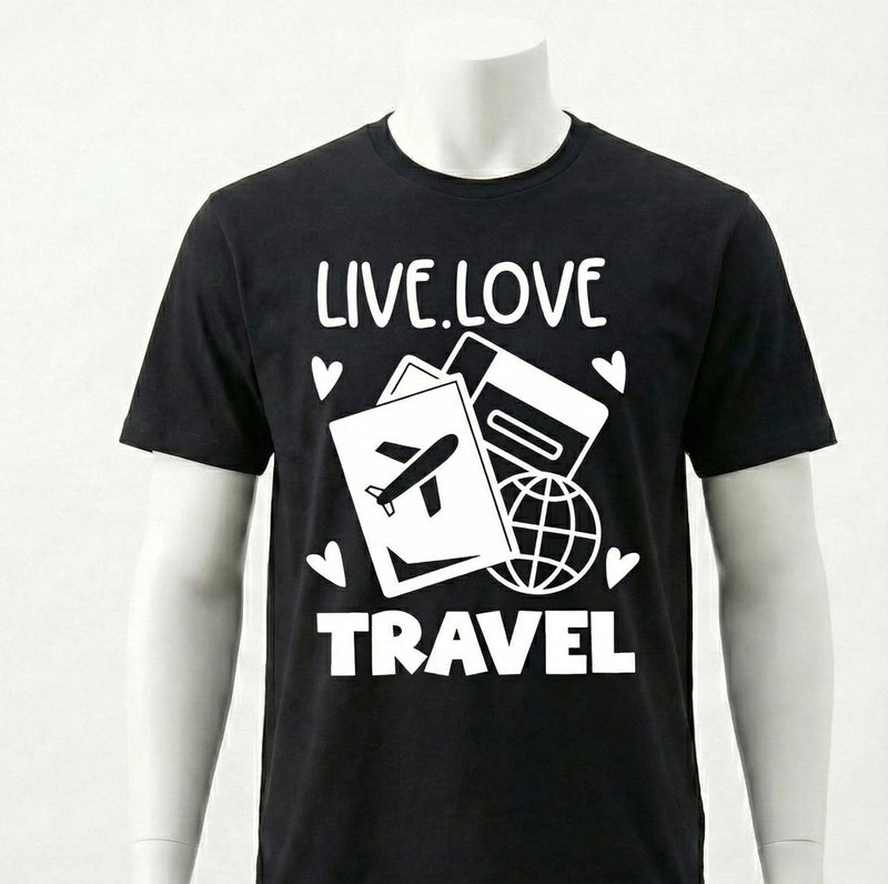 Black t-shirt with 'Live Love Travel' design on a mannequin against a white background