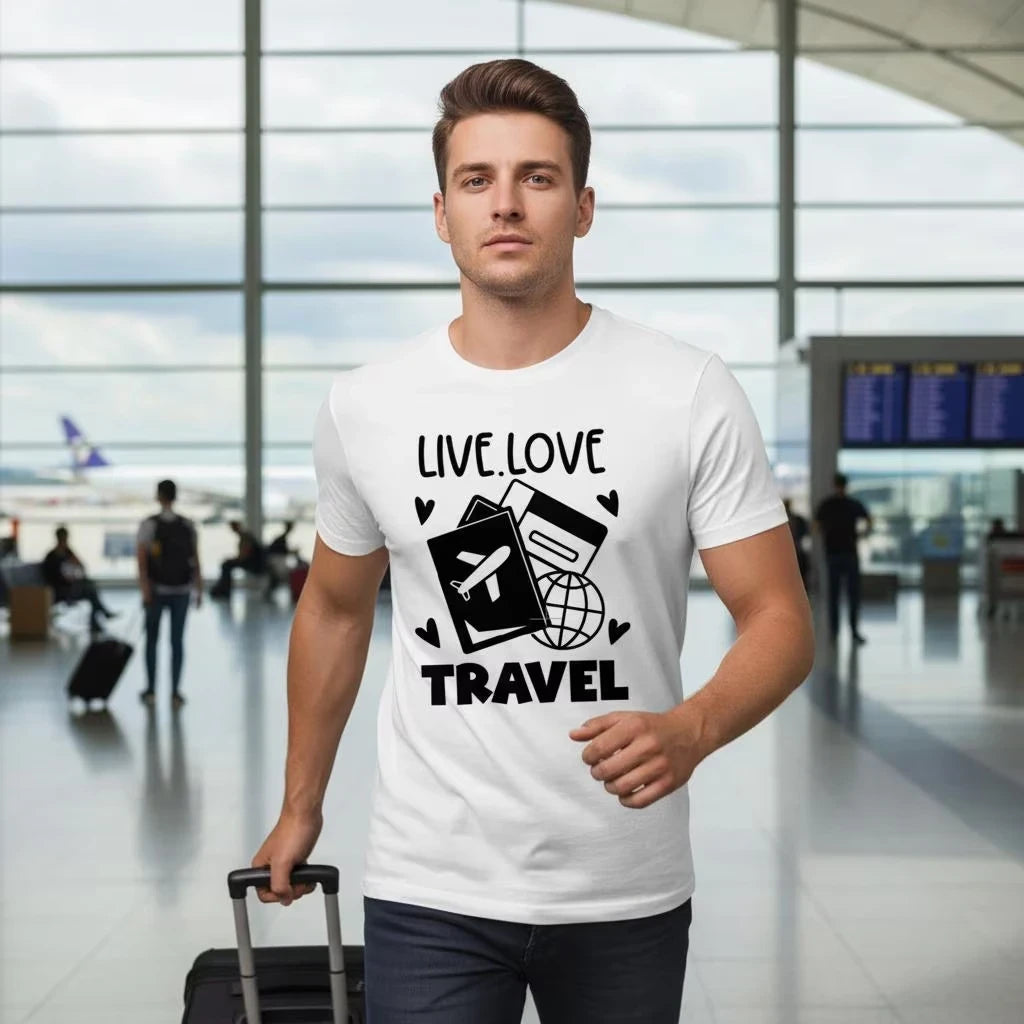 Man wearing a white t-shirt with 'Live Love Travel' design in an airport.