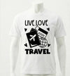 White t-shirt with 'Live Love Travel' design featuring a passport and globe on a white background